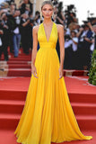 Yellow A Line Deep V-Neck Ruched Chiffon Gala Dress