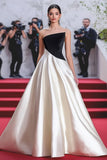 Black White A Line Strapless Satin Ruched Gala Dress