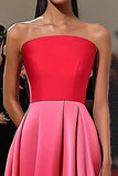 Red Pink A Line Straight Ruched Satin Gala Dress