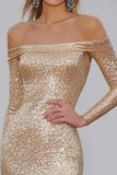 Champagne Off The Shoulder Sequins Sheath Gala Dress With Long Sleeves