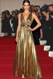 Chic Gold Metallic A Line Gala Dress with Belt