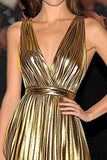 Chic Gold Metallic A Line Gala Dress with Belt