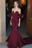 Burgundy Satin Mermaid Gala Dress with Puff Sleeves