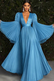 Blue Pleated Deeep V-Neck Gala Dress with Long Sleeves