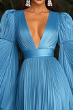 Blue Pleated Deeep V-Neck Gala Dress with Long Sleeves