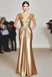 Gold Deep V-Neck Sheath Ruched Gala Dress With Cap Sleeves