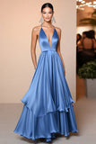 Blue Satin A Line Spaghetti Straps Ruffles Long Gala Ball Dress