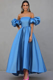 Chic Blue Satin A Line Off the Shoulder Gala Dress