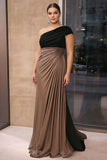 Brown Black Crepe Sheath Ruched One Shoulder Gala Dress