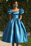 Square Neck Short Sleeves Blue Satin A Line Gala Dress