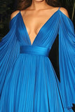 Sun-Pleated Blue Chiffon A Line Deep V Neck Spaghetti Straps Gala Dress