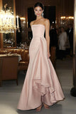 Sheath Pink Satin Strapless Gala Dress