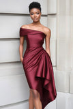 Ruffled One Shoulder Tight Burgundy Knee Length Gala Dress