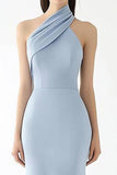 Light Blue Halter Crepe Sheath Ruched Gala Dress