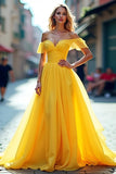 Chiffon Long A Line Yellow Off The Shoulder Formal Dress