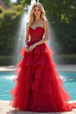 A Line Ruffled Red Organza Sweetheart Long Formal Dress