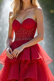 A Line Ruffled Red Organza Sweetheart Long Formal Dress