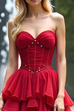 Ruched Red Sweetheart Rufled A Line Long Formal Dress