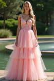 Pink Spaghetti Strap A Line Long Appliqued Ruffled Formal Dress