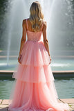 Pink Spaghetti Strap A Line Long Appliqued Ruffled Formal Dress