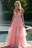 Pink Spaghetti Strap A Line Long Appliqued Ruffled Formal Dress