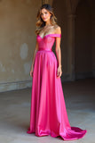 Satin Off The Shoulder A Line Simple Fuchsia Formal Dress