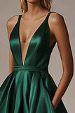 Dark Green A Line Deep V-Neck Satin Formal Dress With Slit