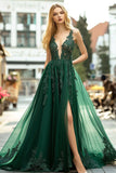 Dark Green V-Neck Appliqued Tulle Long Formal Dress with Slit