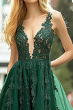 Dark Green V-Neck Appliqued Tulle Long Formal Dress with Slit