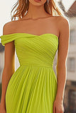 Lemon Green Cold Shoulder Ruched Chiffon Formal Dress