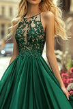 Dark Green Satin A Line Appliqued Long Formal Dress