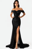 Sparkly Off The Shoulder Mermaid Long Black Formal Dress with Slit