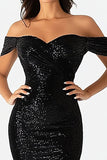 Sparkly Off The Shoulder Mermaid Long Black Formal Dress with Slit