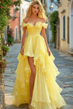 Yellow Ruffled A Line Long Formal Dress with Slit