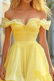 Yellow Ruffled A Line Long Formal Dress with Slit