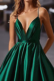 Elegant Satin Dark Green A Line Spaghetti Straps Long Formal Dress