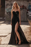 Simple Chiffon Long Sweetheart Black Formal Dress with Slit