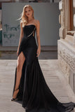 Black Strapless Satin Long Formal Dress with Slit