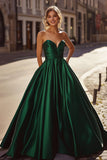 Satin Dark Green A Line Sweetheart Long Formal Dress