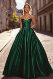 Elegant Ruched Dark Green A Line Satin Long Formal Dress