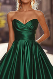 Elegant Ruched Dark Green A Line Satin Long Formal Dress