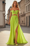 Lemon Green 2-Piece Off The Shoulder Cut Out Formal Dress with Slit