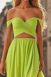 Lemon Green 2-Piece Off The Shoulder Cut Out Formal Dress with Slit