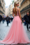 Sparkly Pink A Line Tulle Formal Dress with Slit