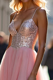 Sparkly A Line Tulle Spaghetti Straps Pink Formal Dress