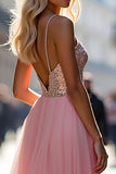 Sparkly A Line Tulle Spaghetti Straps Pink Formal Dress