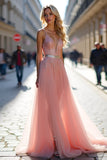 Pink Deep V-Neck A Line Long Formal Dress with Tulle