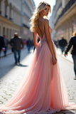 Pink Deep V-Neck A Line Long Formal Dress with Tulle