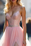 Sparkly Spaghetti Straps Corset Pink Formal Dress with Slit