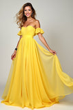 A Line Yellow Off The Shoulder Ruffled Chiffon Bridesmaid Dress